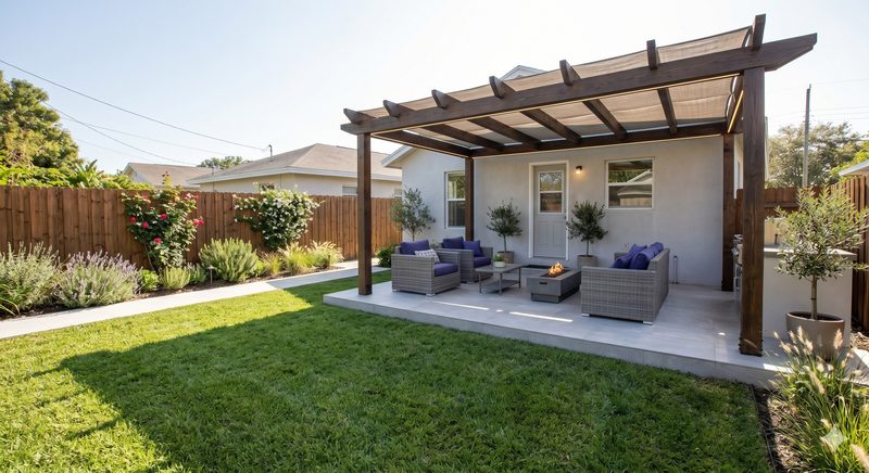Arrière-cour après travaux — pergola bois, salon lounge, gazon et massifs