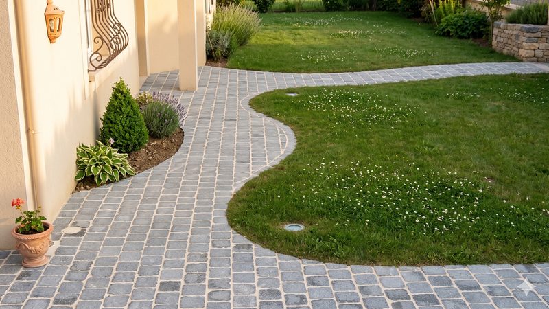 Allée sinueuse en pavés gris avec bordures végétales, gazon et spots encastrés
