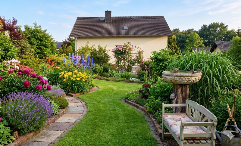 Jardin fleuri avec allée en pierre, massifs colorés, gazon et banc en bois